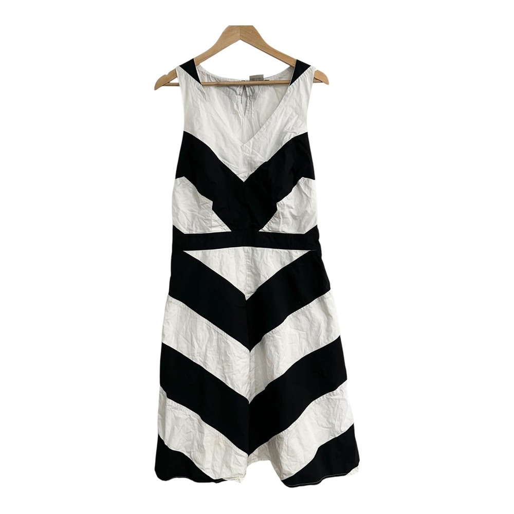eShakti Black White Chevron Colorblock V-Neck Midi Dress Pockets Womens 16W